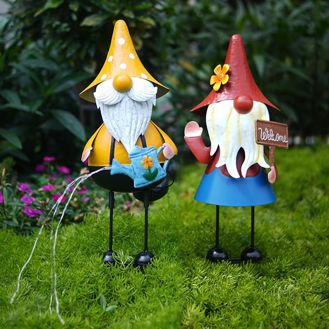 HONGLAND Metal Gnome Yard Art -18 Inch Garden Gnomes Statues Outdoor Decor with Watering Can Solar Lights -3D Outdoor Figurines for Patio Yard Lawn Porch Ornament Gardening Gifts