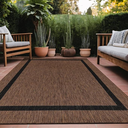 Bordered Outdoor Rug 10x14 Washable Outside Carpet for Indoor Patio Porch Waterproof Easy Cleaning Non Shedding Area Rugs Nut Brown - Black 10 x 14