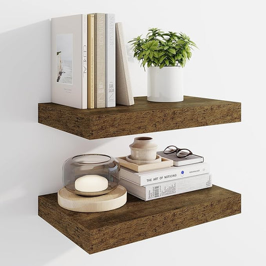 Marsmiles 16" Floating Shelves for Wall, Wooden Shelves with Invisible Brackets Set of 2, Rustic Farmhouse Wall Mounted Shelf for Kitchen Bathroom Living Room Study, Rustic Brown