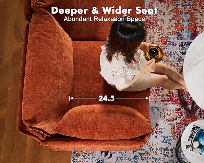 Oversized Loveseat Sofa, Modern Modular Sectional Couch Terracotta Orange Fluffy Chenille Mid Century 2-Seat 24.5" Deep Seat for Apartment, Living Room, Bedroom