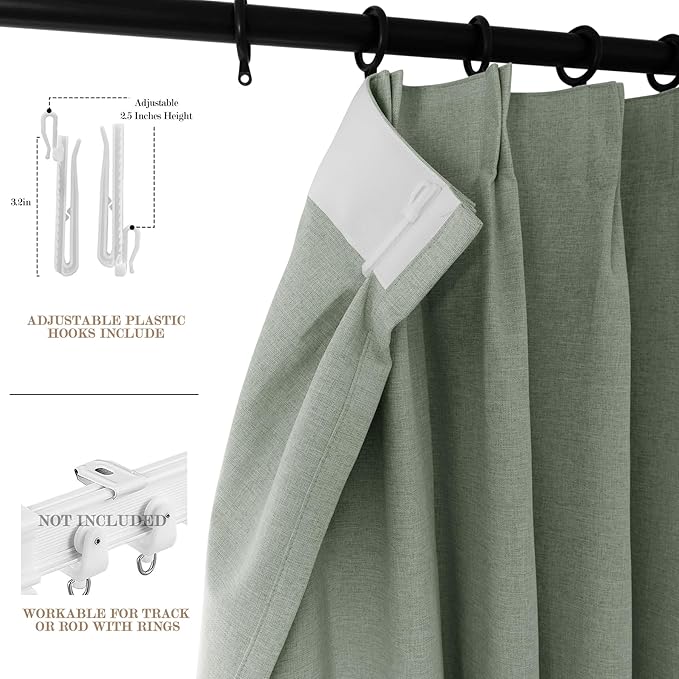 Extra Wide 100% Blackout Linen Textured Curtains - Room Dividers, W200 x L96 (1 Panel), Pinch Pleat Drapes for Living Room, Full Light Block Out Drapery for Sliding Door, Fog Green