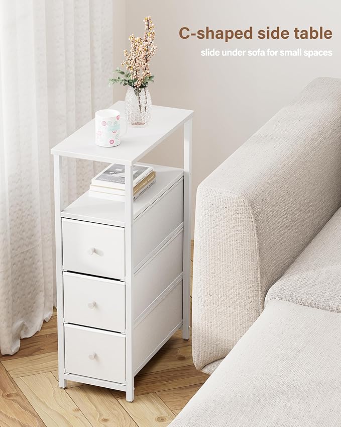 TUTOTAK Narrow Night Stand, Slim End Table, Tall Side Table with 3 Fabric Drawer, Small Bedside Table with Storage, Set of 2, for Living Room, Bedroom, White TB01BW072