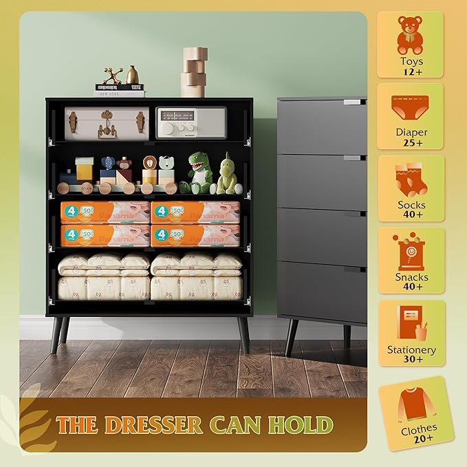 WLIVE 4 Drawer Dresser for Bedroom, Tall Wood Dresser, Modern Black Dressers with Sturdy Metal Handle, Small Chest of Drawers for Living Room, Hallway