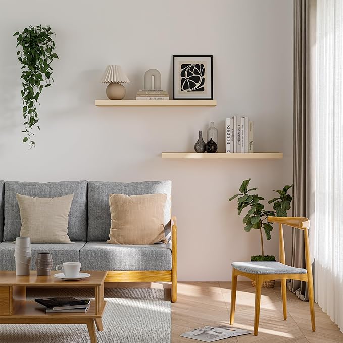 Light Wood Floating Shelves 36”x 8”x 1.4” Book Shelf Floating for Wall Mounted, Heavy Duty Shelf Hold 80 lbs, Unfinished Rustic Wall Shelves for Bedroom, Living Room, Kitchen, Office, Laundry Room