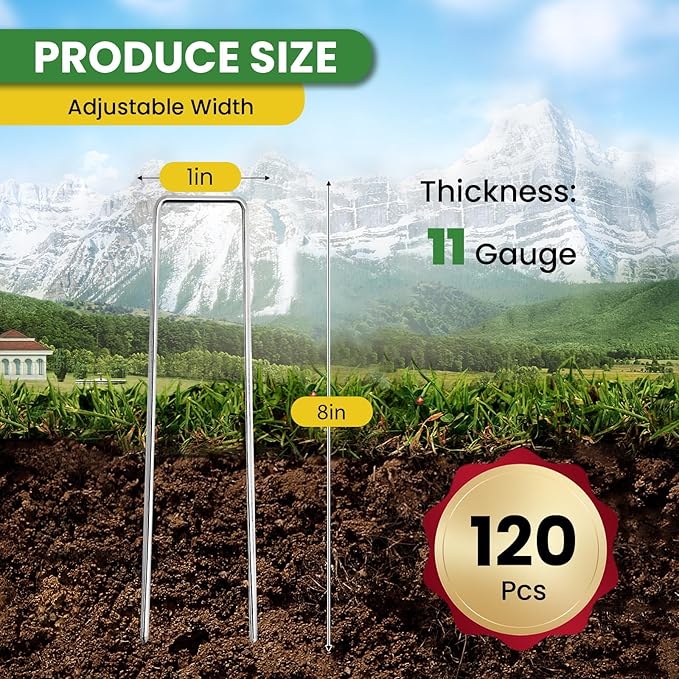 Landscape Staples 8 Inch 120 Pack, Garden Stakes Galvanized Garden Staples 11 Gauge, Plant Cover Stakes for Lawn Weed Barrier