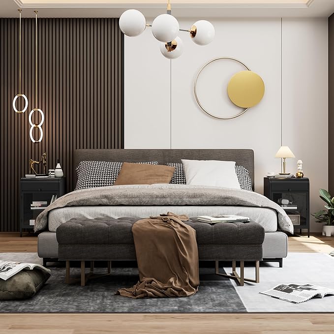 Modern Metal Side Tables Set of 2, End Tables with Glass Door, 2-Tier Nightstands with Storage Shelves, Accent Table, Slim Sofa Table for Living Room, Bedroom (Black)