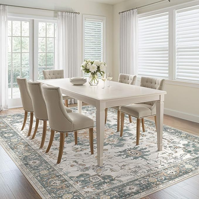 Washable Area Rugs for Living Room -9x12 Neutral Vintage Distressed Floral Farmhouse Boho Large Soft Floor Rug Indoor Non Slip Carpet for Living Room Bedroom Dining Room Office -Green/Grey