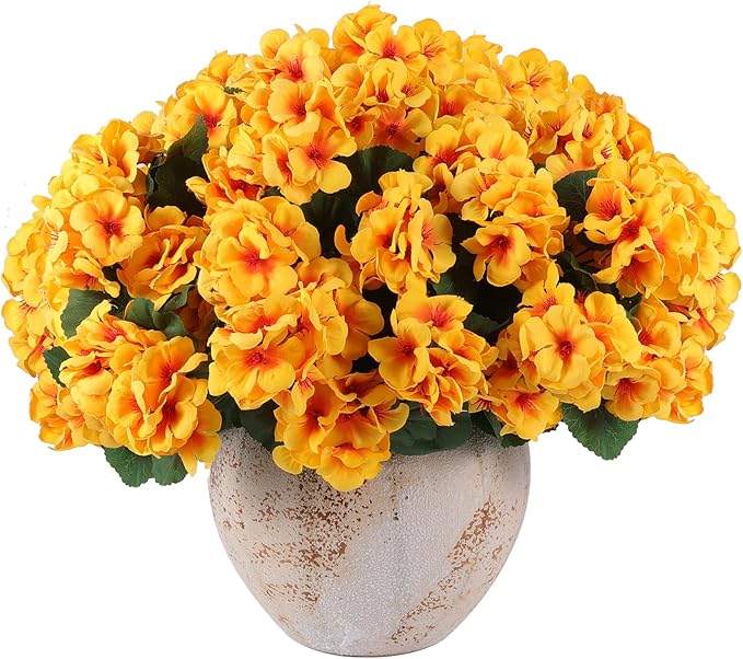 Hananona 12 Pcs Artificial Geranium Flowers for Outdoors Geranium Silk Yellow Flowers Outdoor UV Resistant Garden Plants Faux Fall Flower for Home Kitchen Table Centerpieces Decor (12, Yellow)