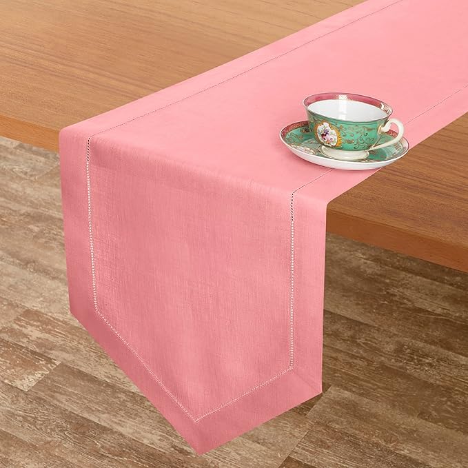 D'Moksha Homes Dusty Pink Linen Table Runner 108 Inches Long - 100% Pure Linen Diamond Table Runner 14 x 108 Inch for Dining, Fall and Halloween - Machine Washable