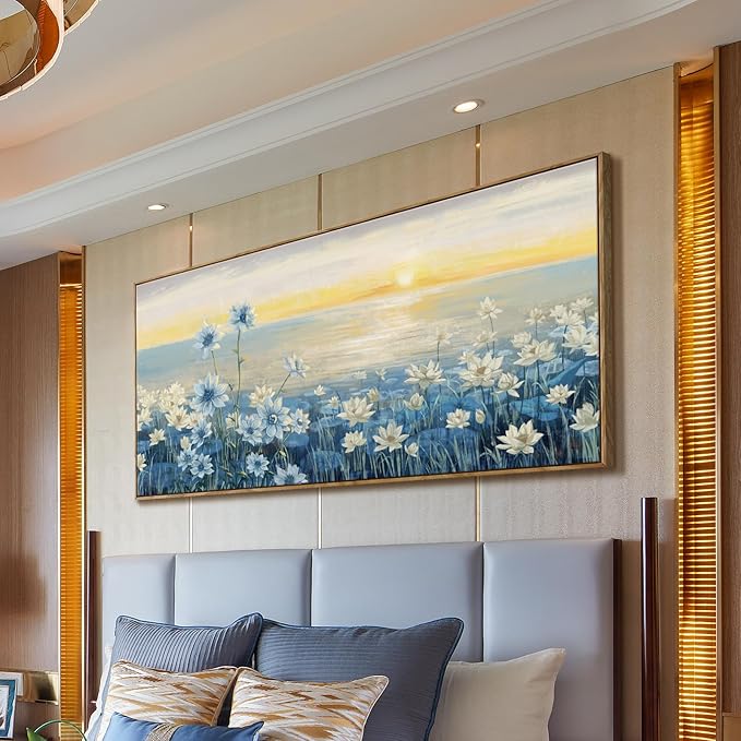 Large Wall Art for Living Room Modern Framed Coastal Beachy Canvas Wall Art Big Floral Sunrise Blue Wall Picture Oversized Lake Nature Sunset Artwork for Office Bedroom Decor