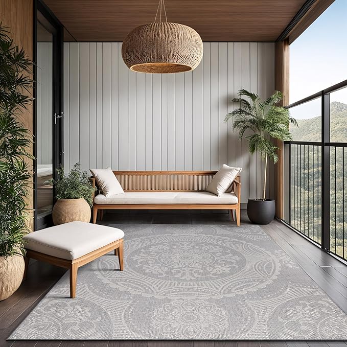 Medallion Outdoor Rug 8x10 Washable Outside Carpet for Indoor Patio Porch Waterproof Easy Cleaning Non Shedding Area Rugs Gray 8 x 10