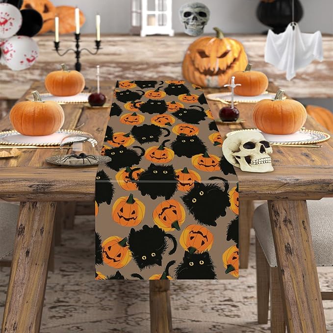 Halloween Table Runner Black Cat Pumpkins Seasonal Kitchen Dining Table Home Outdoor Party Decorations 13x48 Inch