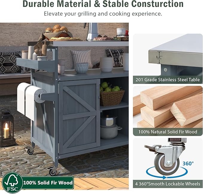 Outdoor Kitchen Island, Rolling Bar Cart & Storage Cabinet, Farmhouse Solid Wood Outdoor Grill Table with Stainless Steel Top, Spice Rack, Towel Rack for Kitchen & BBQ, Grey Blue