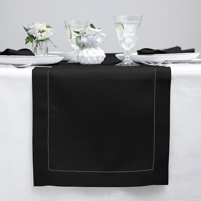 Solino Home Linen Black Table Runner 144 Inches Long - 100% Pure Linen Extra Long Table Runner 14 x 144 Inch for Fall, Autumn, Halloween, Thanksgiving - Classic Hemstitch