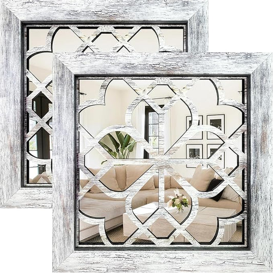 Boho Square Wall Mirrors Set of 2-12" x12'Decorative Mirrors for Wall Decor, BrownHandcrafted Mirror Panels Perfect for LivingRoom Bedroom Entryway Hallway (Grey)