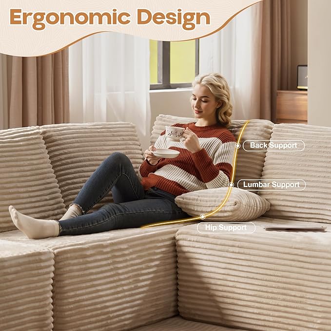 Cloud Sectional Couches for Living Room,U Shaped Modular Sofas No Assembly,135x79 Inches Plush Corduroy Oversized Floor Couch Set with Deep Seat Chaise,Beige