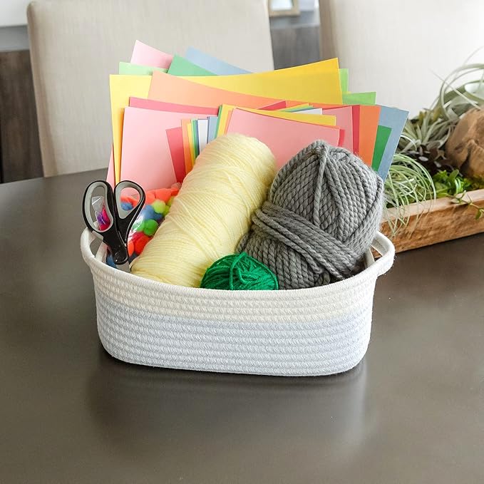NaturalCozy 5-Piece Rectangle Storage Basket Set- Natural Cotton Rope Woven Baskets for Organizing! Small Basket for Montessori, Baby Nursery, Dog Toy Baskets, Cat Toy Box, Bathroom Organization Bin
