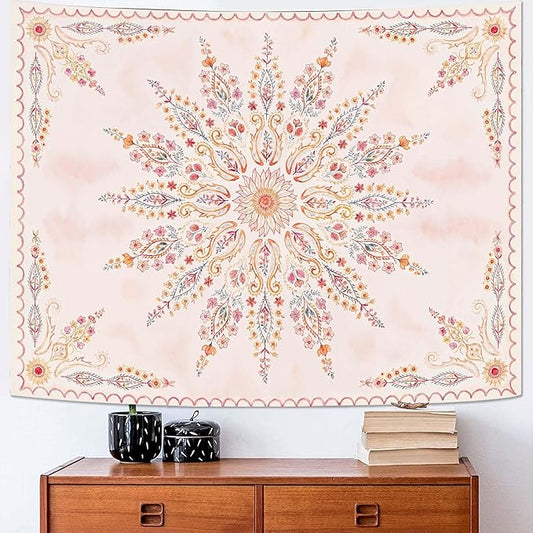 Fowocu Boho Floral Mandala Tapestry for Bedroom Aesthetic Pink Bohemian Flower Wall Tapestry Watercolor Hippie Indian Small Tapestries Wall Hanging for Living Room Dorm Decor 48 x 36 Inch