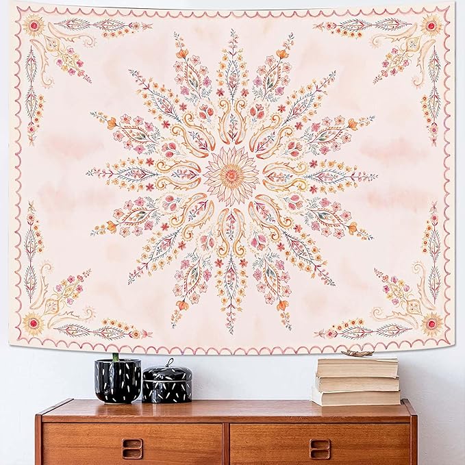 Fowocu Boho Floral Mandala Tapestry for Bedroom Aesthetic Pink Bohemian Flower Wall Tapestry Watercolor Hippie Indian Small Tapestries Wall Hanging for Living Room Dorm Decor 40 x 30 Inch