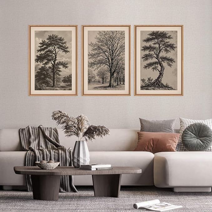 HPINUB Vintage Sketch Tree Framed Canvas Wall Art Set,Modern Nature Botanical Wall Decor, Antique Wilderness Tree Artwork,Minimalist Neutral Art Prints for Living Room,Bedroom,Farmhouse-16 x24 x3