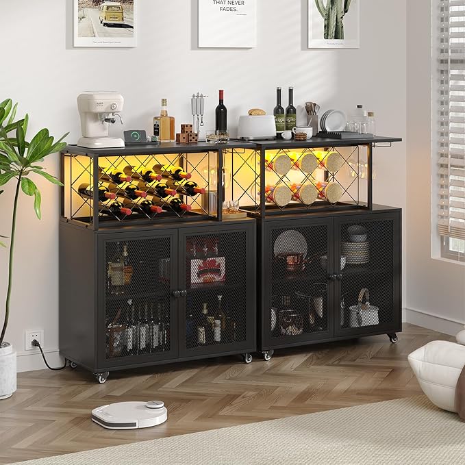 Wine Bar Cabinet with Wheels, 4-Tier Bar Cart with Power Outlets and LED Light, Liquor Cabinet Home Mini Bar with Wine Rack, Coffee Bar Cabinet for Liquor, Black