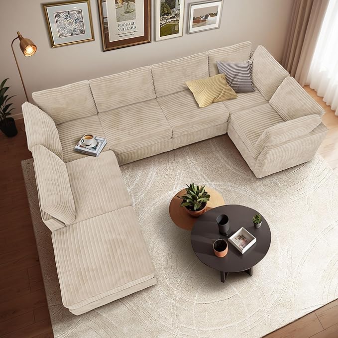 Modular Sectional Sofa with Chaise U Shaped Sectional Couch for Living Room, 7-Seater Comfy Cloud Couches with One Movable Ottoman, Plush Corduroy, Beige