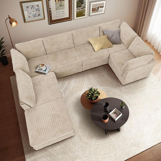 Modular Sectional Sofa with Chaise U Shaped Sectional Couch for Living Room, 7-Seater Comfy Cloud Couches with One Movable Ottoman, Plush Corduroy, Beige