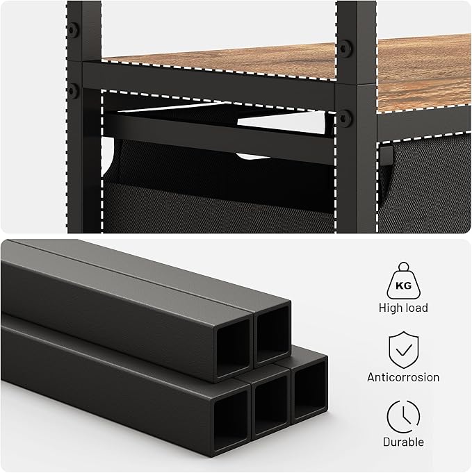 Lulive Double Laundry Hamper with Shelf, Laundry Basket with 3 Tier Storage Shelves & 4 Removable Hooks, Tall Laundry Sorter Clothes Hamper with Pull-Out Bags for Bathroom, Laundry Room