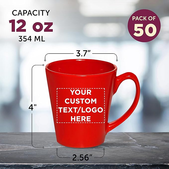 DISCOUNT PROMOS Custom Glossy Ceramic Latte Coffee Mug 12 oz. Set of 50, Personalized Bulk Pack - Perfect for Tea, Espresso, Cappuccino, Hot Cocoa - Red