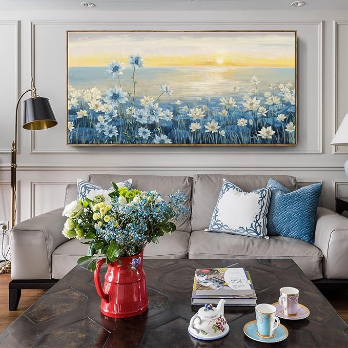 Large Wall Art for Living Room Modern Framed Coastal Beachy Canvas Wall Art Big Floral Sunrise Blue Wall Picture Oversized Lake Nature Sunset Artwork for Office Bedroom Decor
