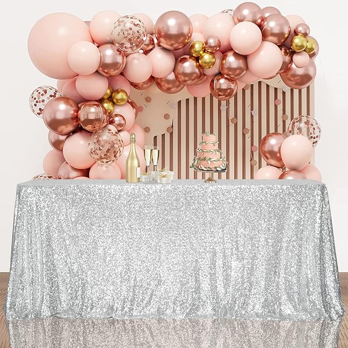 SquarePie Sequin Tablecloth 90 x 156 Inch Silver Sparkly Table Linen for Wedding Party