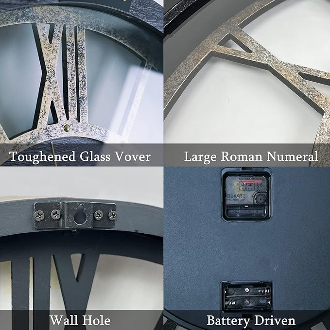 30 Inch Industrial Steampunk Wall Clock, Gray, Battery Operated, Real Rotating Gears, Solid Wood Frame, Oversized Wall Clock for Living Room Decor