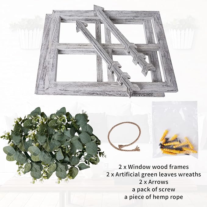 Rustic Wood Window Frame with Green Wreath and Arrows Wall Decor，Farmhouse Window Frame Hanging Decor, Wooden Fake Decoration,Window Pane Wall Decor,Set of 2 (White)