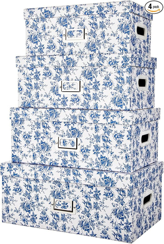 Briful Set of 4 Blue and White Storage Boxes with Lids – Photo Boxes Elegant Floral Nesting Organizer Bins, 14''/13''/12.2''/7.5'' Set Decorative Cardboard Gift Boxes for Home or Office Use