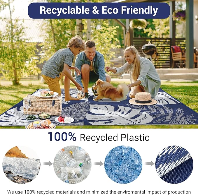 GAOMON Large Outdoor Plastic Rug 10x14 Waterproof Straw Rug Reversible Foldable Camping Mat with Stakes & Bag, Modern Tropical Leaf Farmhouse Outside Carpet for Patio RV Garden Deck, Blue