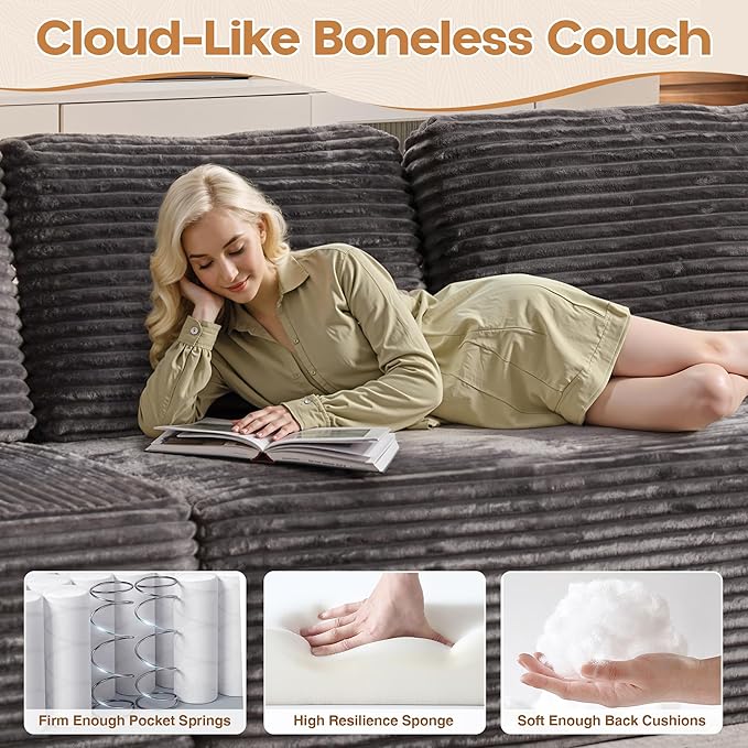 Cloud Sectional Couches for Living Room,U Shaped Modular Sofas No Assembly,135x100 Inches Plush Corduroy Oversized Floor Couch Set with Deep Seat Chaise,Grey