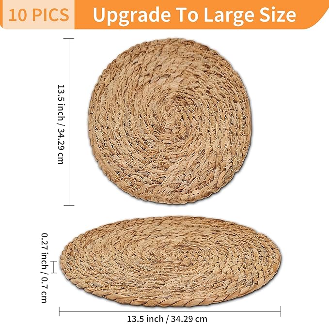 Defined Deco Woven Placemats Set of 10,13.5" Round Rattan Placemats,Farmhouse Weave Rustic Braided Wicker Table Mats for Dining Table Home Wedding