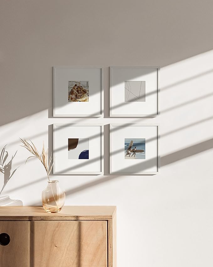 HAUS AND HUES Solid Oak Wood 10”x10”Picture Frames Matted to 5”x5” Set of 4 - White Picture Frames 10 x 10, Square White Frames, 10 x 10 Picture Frames, Photo Gallery Wall Frame Set