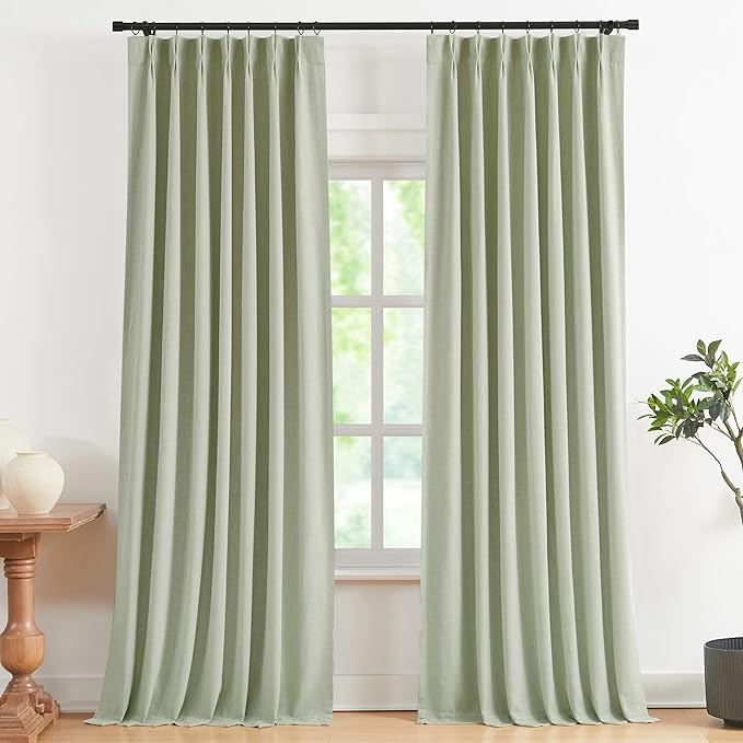 Vision Home Soft Green Pinch Pleated Full Blackout Curtains Linen Blended Room Darkening Curtain Panels 120 inch for Living Room Bedroom Thermal Insulated Pinch Pleat Drapes with Hooks 40" Wx120 Lx2