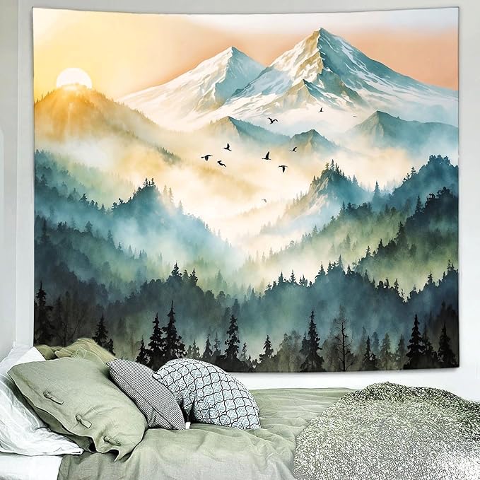 Delur Mountain Tapestry Boho Misty Sunset Forest Tree Tapestry Wall Hanging Sunrise Nature Landscape Psychedelic Headboard for Bedroom Living Room Home Decor (59.1" x 78.7")