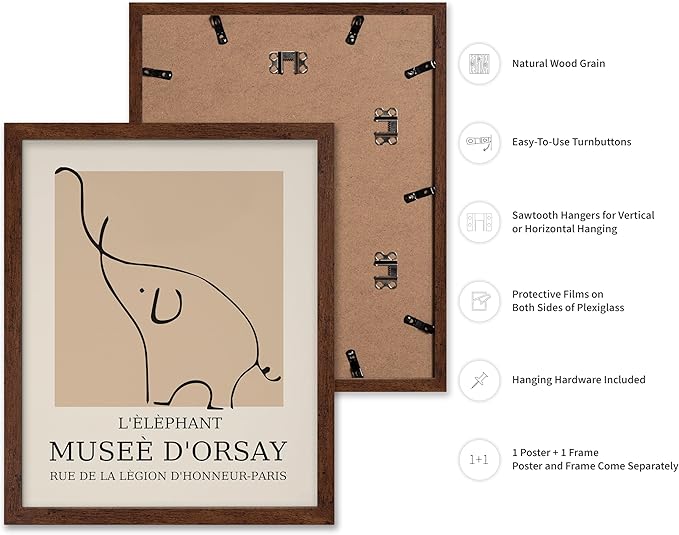 Poster Master Vintage Poster - Retro Minimalist Print - Gift for Artist, Housewarming - Elephant, Line Drawing, Sketch, Abstract - Wall Decor for Living Room, Bedroom, 8x10 Brown Framed