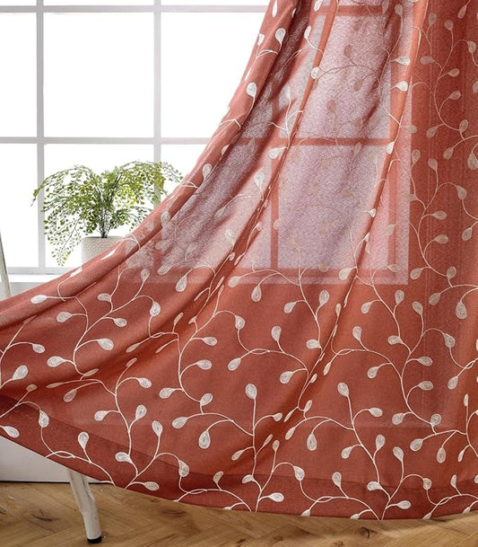 MIUCO Floral Embroidered Semi Sheer Curtains Faux Linen Extra Wide Grommet Window Panel Pair for Bedroom 52 x 95 Inch, Rust