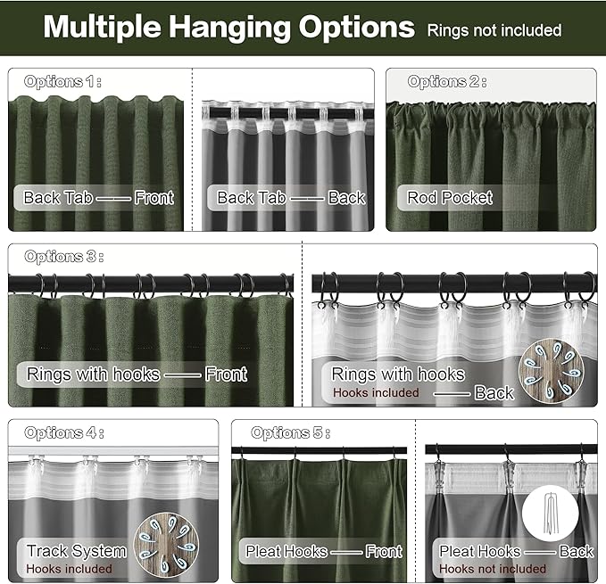 RAIN CITY Extra Wide Linen Blackout Curtains & Drapes with Hooks 70 in Width for 60&72 Inch Window 2 Panels,Back Tab Pleated Curtains for Track System Sliding Glass Door 70x102,Loden Olive Green