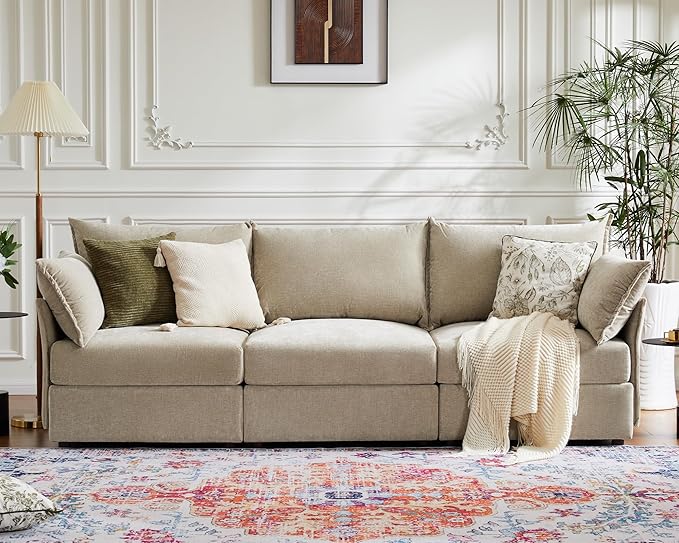 102.6" Modular Sectional Sofa, Oversized 3-Seater Couch with Removable Beige Chenille Fabric Cover, Deep Seat & High Backrest for Living Room, Office & Apartment