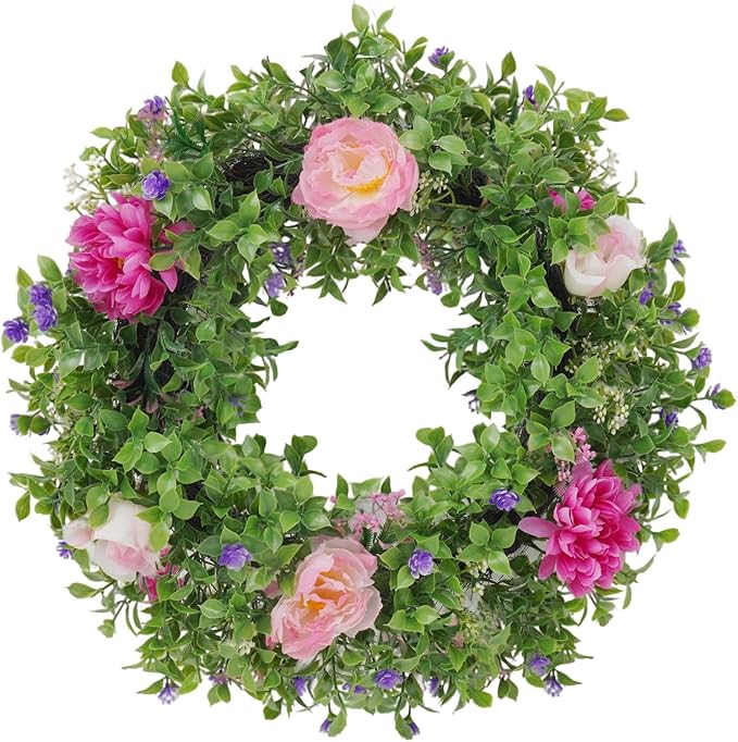 Summer Wreaths for Front Door - 18 Inch Artificial Greenery Wreath, Spring Floral Door Hanging with Textured Leaves, All-Weather Porch Decor for Farmhouse Entryway