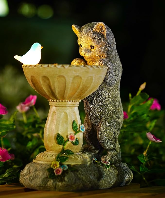Nacome Solar Cat Birdbath Garden Decor: Outdoor Statues Ornaments for Outside Decorations Yard Art Lawn Porch Patio Balcony - Birthday Gifts Choice for Mom Grandma Women Lover