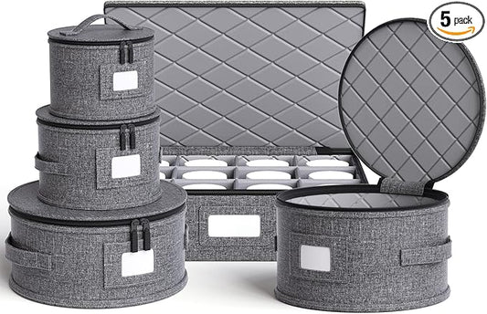 YearningHome China Storage Containers,Hard Shell Box with Felt Dividers for Dishes,Dinnerware,Plates,Mugs,Wine and Glasses,Mugs,Stackable Fine China Storage for Moving and Packing 5 Piece,Grey