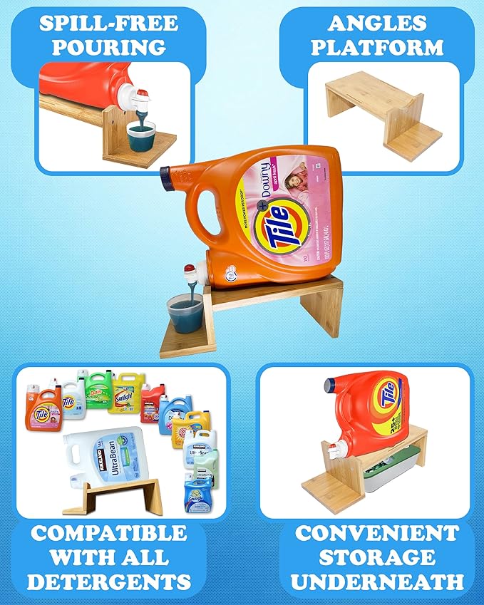 TidyFriend Laundry Detergent Dispenser with Tray & Strap, Laundry Soap Dispenser with Non-Slip Rubber Feet for Washing Room Organization, Easy Pour (Wood)