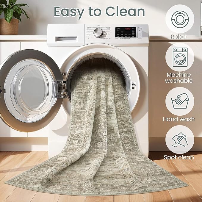 Washable Area Rugs for Living Room -10x12 Neutral Vintage Distressed Floral Farmhouse Boho Large Soft Floor Rug Indoor Non Slip Carpet for Living Room Bedroom Dining Room Office -Brown/Tan