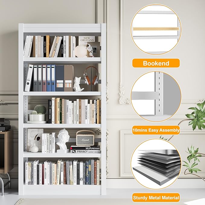 Bookshelf, 5 Tier Bookshelf with Adjustable Shelves, 69" H Tall Bookcase, Metal Bookshelves and Heavy Duty Bookcases for Living Rooms, Home Offices, Library, 10 Minutes Assemble